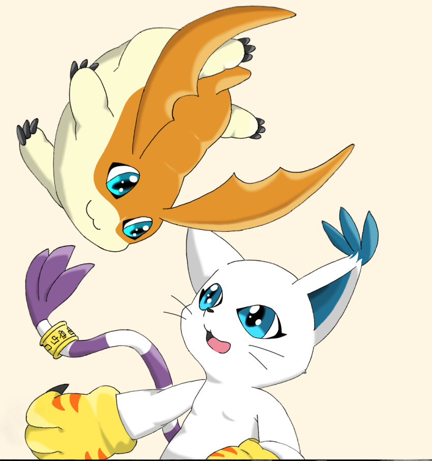 ambiguous_gender black_claws blue_eyes claws digimon digimon_(species) don_(artist) feral flying gatomon goods head_wings hi_res markings open_mouth orange_body patamon purple_markings simple_background smile whiskers white_background white_body wings