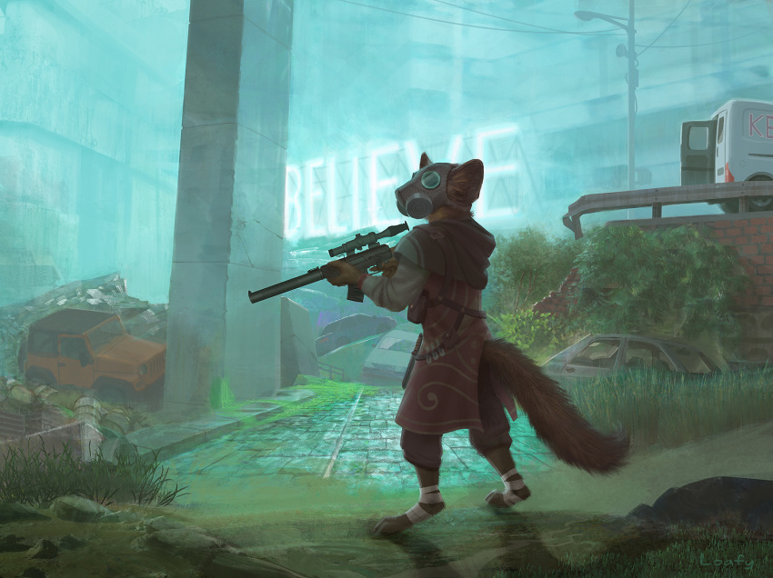 ambiguous_gender anthro apocalypse biped bottomwear brown_body brown_fur car city cloak clothed clothing footwraps fur gas_mask grass gun hi_res holding_gun holding_object holding_weapon knife lofi mammal marten mask mustelid musteline outside pants pine_marten plant pouch_(disambiguation) ranged_weapon ruins solo standing street_lamp vehicle vial vss_vintorez weapon