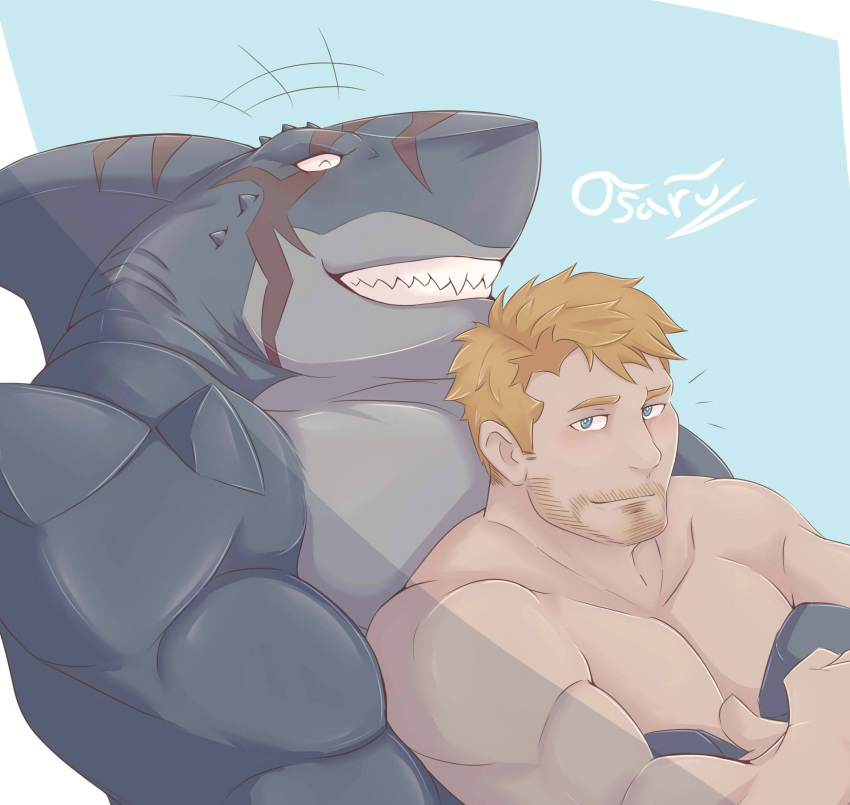 anthro biceps blonde_hair blue_eyes bon_donuts dc_comics dorsal_fin duo eyes_closed facial_hair fin fish gills grey_body grin hair hi_res human human_on_anthro interspecies john_constantine king_shark looking_at_viewer male male/male mammal marine muscular muscular_male nude pecs scar shark sharp_teeth smile teeth