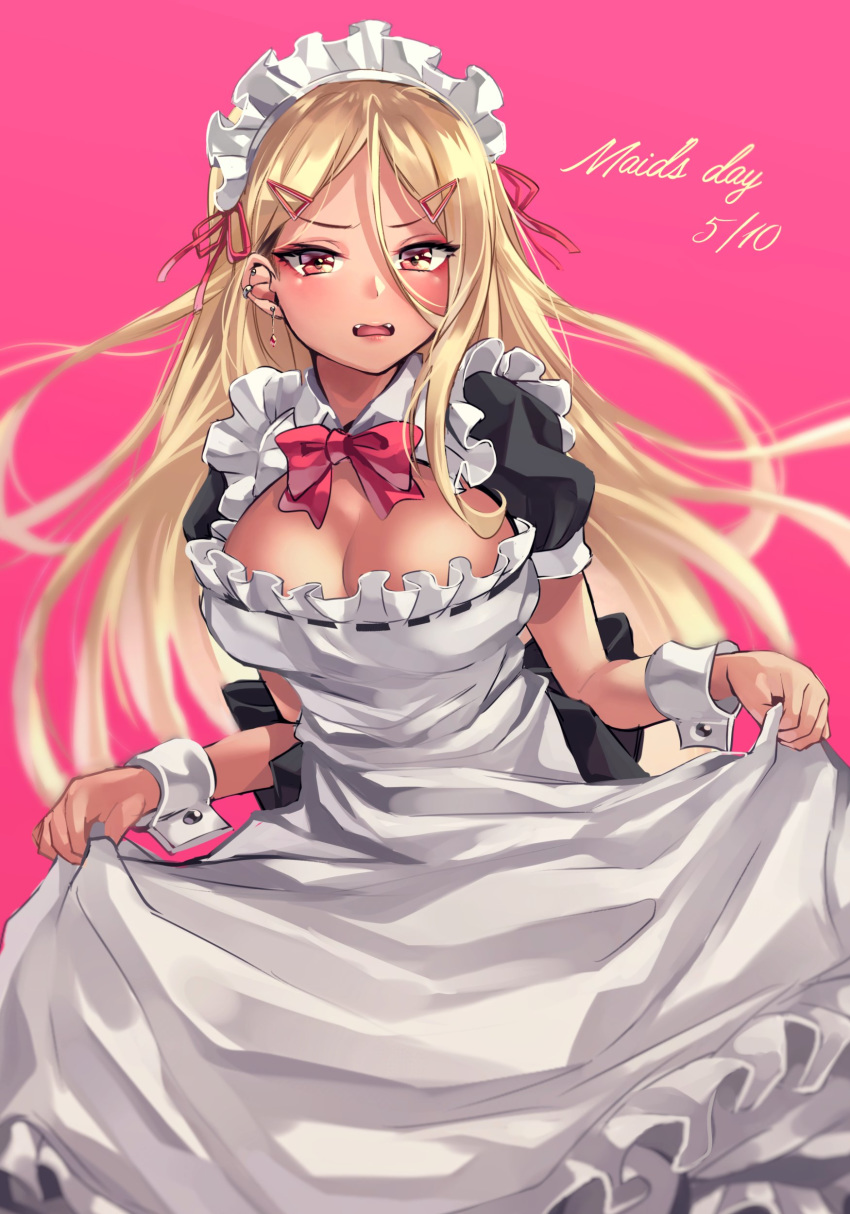 1girl absurdres alternate_costume apron black_dress blonde_hair blush bow bowtie breasts cleavage commentary_request curtsey dress earrings english_text enmaided frilled_apron frills gyaru hair_between_eyes hair_ornament hairclip highres jewelry long_hair looking_at_viewer maid maid_apron maid_day maid_dress maid_headdress original puffy_short_sleeves puffy_sleeves red_neckwear shashaki shinjou_(shashaki) short_sleeves simple_background solo white_apron wrist_cuffs