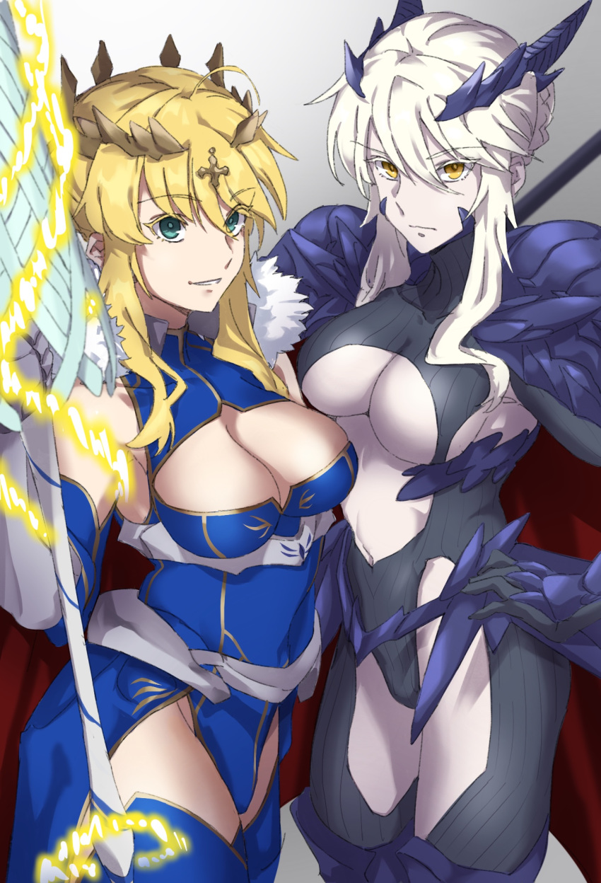 2girls ahoge aqua_eyes artoria_pendragon_(all) artoria_pendragon_(lancer) artoria_pendragon_(lancer_alter) bangs blonde_hair blue_legwear blue_leotard braid breasts cleavage cleavage_cutout closed_mouth colored_eyelashes crown dark_rhongomyniad eyebrows_visible_through_hair fate/grand_order fate_(series) fur_collar gauntlets hair_between_eyes hair_bun hand_on_hip highres holding holding_spear holding_weapon large_breasts leotard long_hair multiple_girls navel orange_eyes polearm pretty-purin720 rhongomyniad smile spear thighhighs turtleneck underboob weapon white_hair white_skin