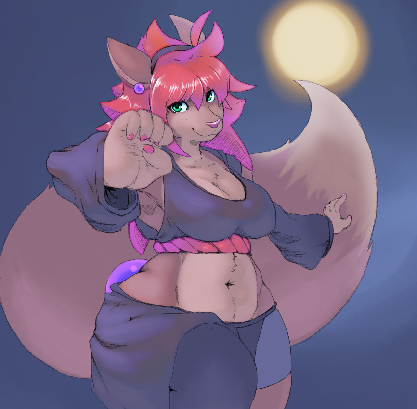5_fingers absurd_res anthro bottomwear breasts canid canine clothed clothing dipstick_tail female fingers fur green_eyes hair hi_res iris looking_at_viewer mammal midriff moon multicolored_tail peachpunch11 pupils red_hair smile solo topwear