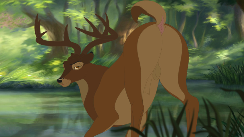 16:9 2020 all_fours animal_genitalia antlers anus ass_up balls bambi_(film) brown_body brown_eyes brown_fur butt cervid cervine digital_media_(artwork) disney feral forest fully_sheathed fur genitals hair half-closed_eyes hi_res horn lake looking_at_viewer looking_back male mammal multicolored_body narrowed_eyes nude outside pink_anus pinup pose presenting presenting_anus presenting_balls raised_tail river sheath smile smirk solo the_great_prince_of_the_forest tree widescreen zica