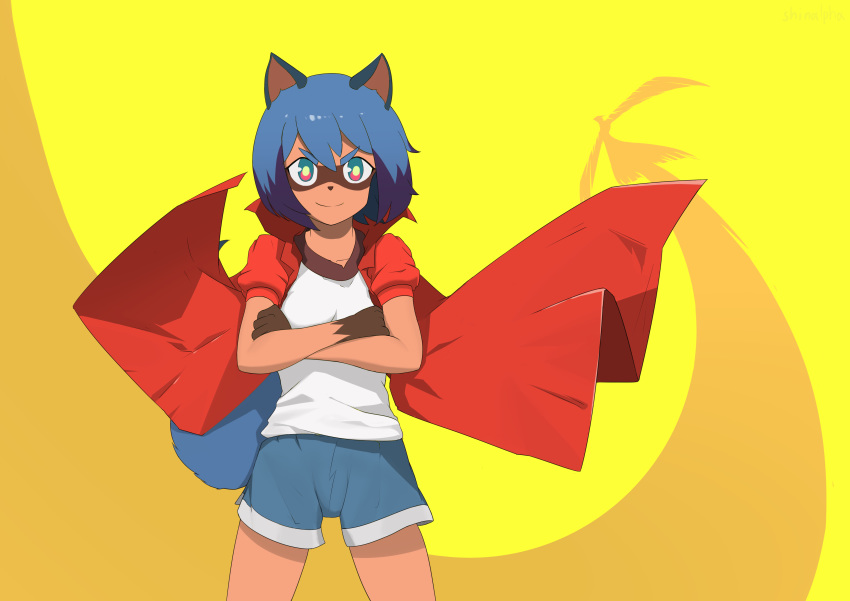 absurd_res anthro blue_body blue_eyes blue_hair brand_new_animal brown_body brown_fur canid canine clothed clothing crossed_arms female fluffy fluffy_tail fur hair hi_res mammal michiru_kagemori multicolored_eyes pink_eyes portrait raccoon_dog shinalpha1 smile solo standing studio_trigger tanuki three-quarter_portrait topwear
