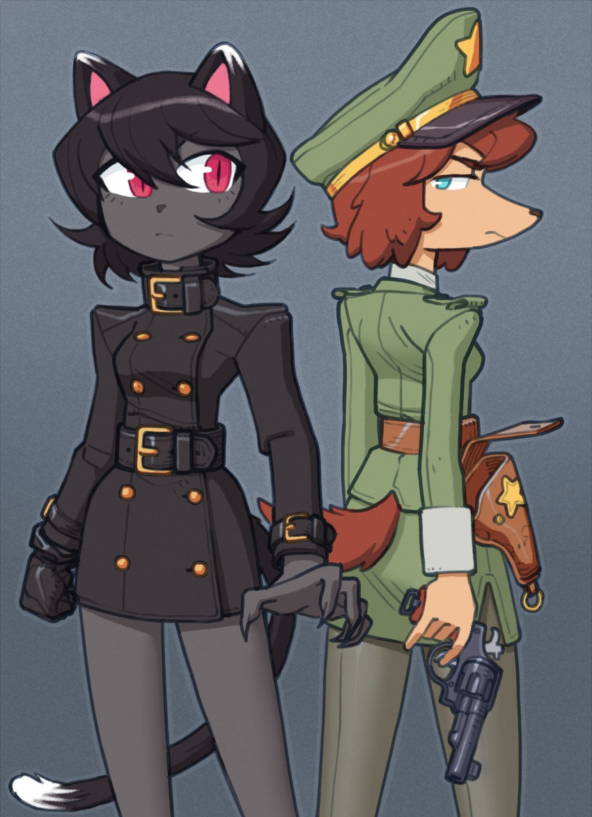 anthro belt brown_hair cameron_sewell canid canine canis clothed clothing domestic_cat domestic_dog duo felid feline felis female fur gun hair hat headgear headwear hi_res legwear mammal military misha_(colo) ranged_weapon simple_background thedark101 uniform weapon