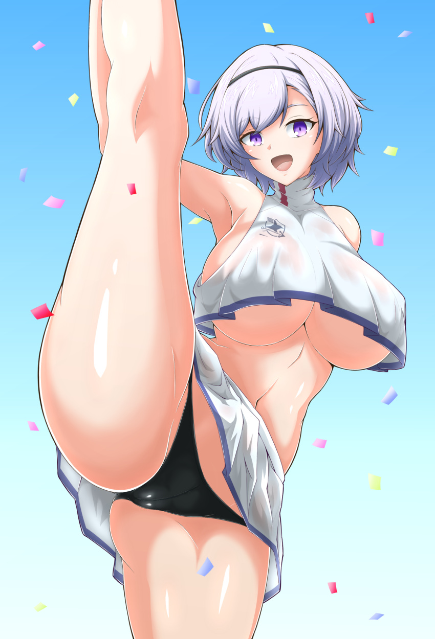 1girl :d arm_behind_back armpits ass azur_lane bangs bare_legs bare_shoulders black_hairband black_panties blue_background breasts cheerleader commentary_request confetti covered_nipples cowboy_shot crop_top crop_top_overhang eagle_union_(emblem) eyebrows_visible_through_hair grey_hair hairband highres holding_own_foot kozyosita large_breasts leg_lift leg_up looking_at_viewer midriff miniskirt navel no_bra open_mouth panties parted_hair purple_eyes reno_(azur_lane) reno_(biggest_little_cheerleader)_(azur_lane) see-through see-through_skirt sheer_clothes shiny shiny_clothes shiny_skin shirt short_hair sidelocks skirt sleeveless smile solo standing standing_on_one_leg underboob underwear