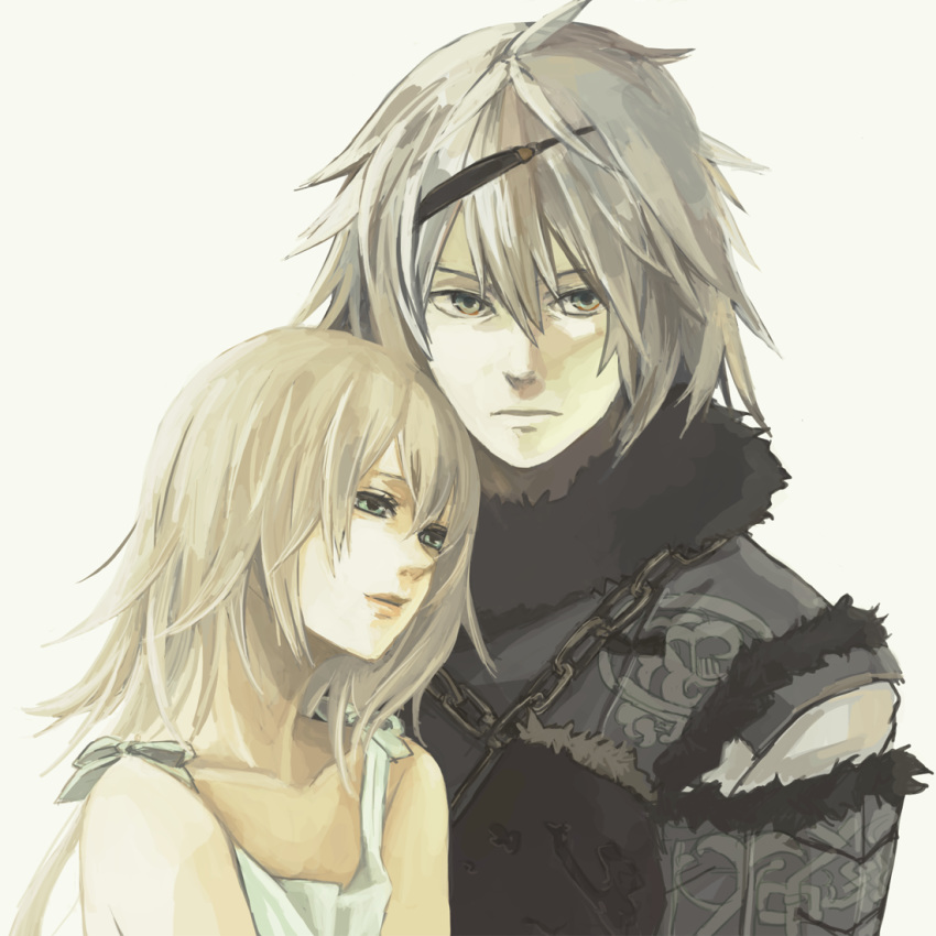 1boy 1girl brother_and_sister closed_mouth dress hair_ornament kuromu_(kaeru) looking_at_viewer medium_hair nier nier_(series) nier_(young) siblings silver_hair simple_background white_hair yonah