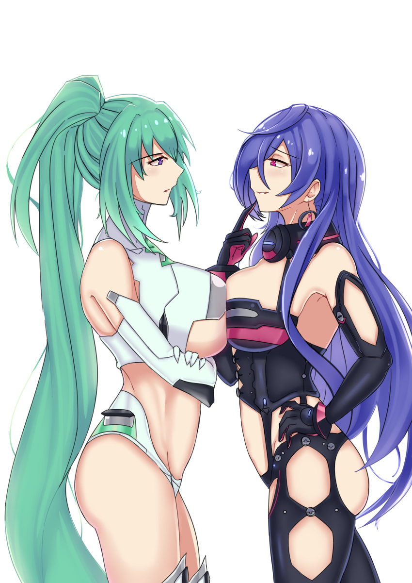 2girls absurdres bare_shoulders blue_hair breast_press breasts cleavage cleavage_cutout earrings elbow_gloves from_side gloves green_hair green_heart hair_between_eyes hair_ornament high_ponytail highres iris_heart jewelry kami_jigen_game_neptune_v large_breasts leotard long_hair looking_at_another multiple_girls neptune_(series) pink_eyes ponytail power_symbol purple_eyes simple_background symbol-shaped_pupils thighhighs very_long_hair white_background zatsu