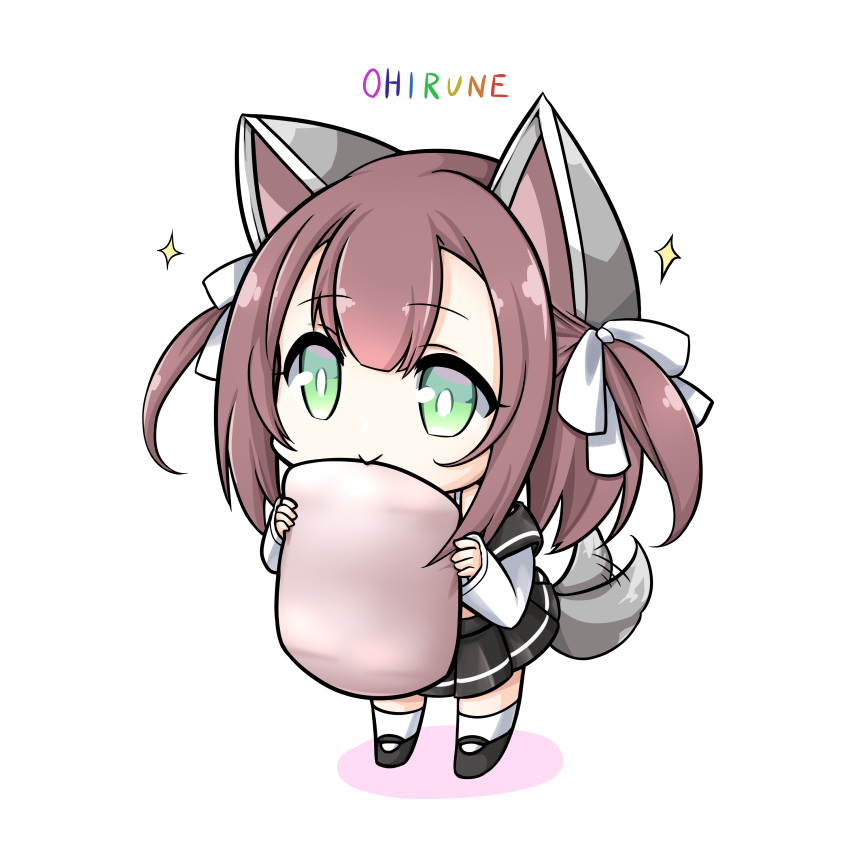 1girl :&gt; absurdres afterimage animal_ears azur_lane bangs black_footwear black_sailor_collar black_skirt brown_hair chibi commentary_request dog_ears dog_tail eyebrows_visible_through_hair full_body green_eyes hair_between_eyes hair_ribbon highres holding holding_pillow kinokan pillow pleated_skirt rainbow_text ribbon romaji_text sailor_collar school_uniform serafuku shadow shiratsuyu_(azur_lane) shoes sidelocks simple_background skirt smile socks solo sparkle standing tail tail_wagging two_side_up white_background white_legwear white_ribbon white_serafuku