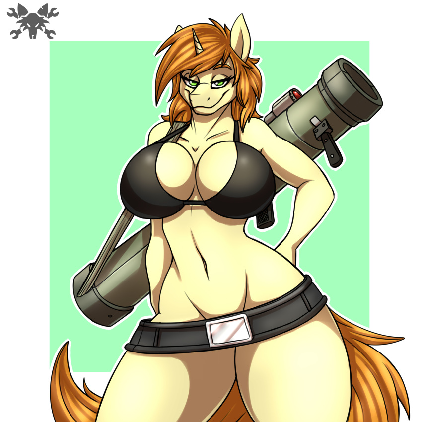 1:1 2020 absurd_res anthro belt big_breasts blonde_hair bra breasts cleavage clothed clothing equid fan_character green_eyes hair hi_res high_impact_(character) horn looking_at_viewer mammal metalfoxxx my_little_pony pinup pose ranged_weapon rocket_launcher rpg_(disambiguation) smile solo thick_thighs thing_waist underwear unicorn weapon wide_hips