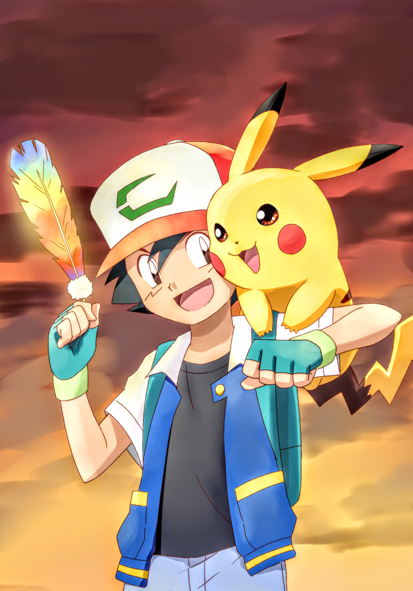 1boy :d ayo_(ayosanri009) black_hair black_shirt brown_eyes commentary_request creature fingerless_gloves gen_1_pokemon gloves green_gloves hair_between_eyes happy highres holding_feather looking_at_viewer male_focus on_shoulder open_mouth outdoors pikachu pokemon pokemon_(anime) pokemon_(creature) pokemon_m20 pokemon_on_shoulder satoshi_(pokemon) shirt sky smile