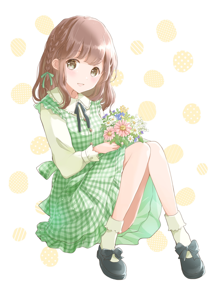 1girl absurdres bangs black_footwear black_neckwear black_ribbon bobby_socks bouquet bow braid breasts brown_eyes brown_hair commentary daisy dress eyebrows_visible_through_hair flower gingham_dress green_dress hair_ribbon highres holding holding_bouquet hoshiibara_mato knees_together_feet_apart knees_up light_blush long_sleeves looking_at_viewer open_mouth original pinafore_dress polka_dot polka_dot_background ribbon shirt shoe_bow shoes sitting small_breasts smile socks white_background white_legwear white_shirt