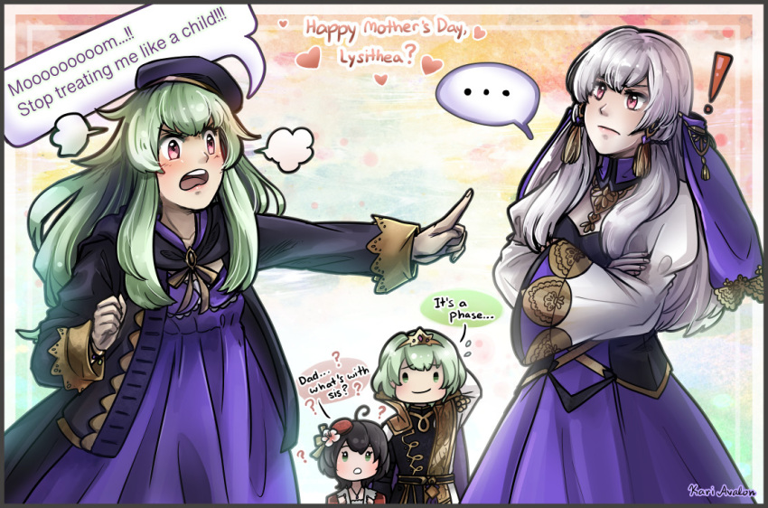 ! ... 1boy 3girls ? artist_name beret black_hair bracelet byleth_(fire_emblem) byleth_(fire_emblem)_(male) closed_mouth crown dress father_and_daughter fire_emblem fire_emblem:_three_houses flower green_eyes green_hair hair_flower hair_ornament hat jewelry kari_avalon long_hair long_sleeves lysithea_von_ordelia mini_hat mother's_day mother_and_daughter multicolored multicolored_background multiple_girls pink_eyes purple_dress short_hair siblings sisters veil white_hair