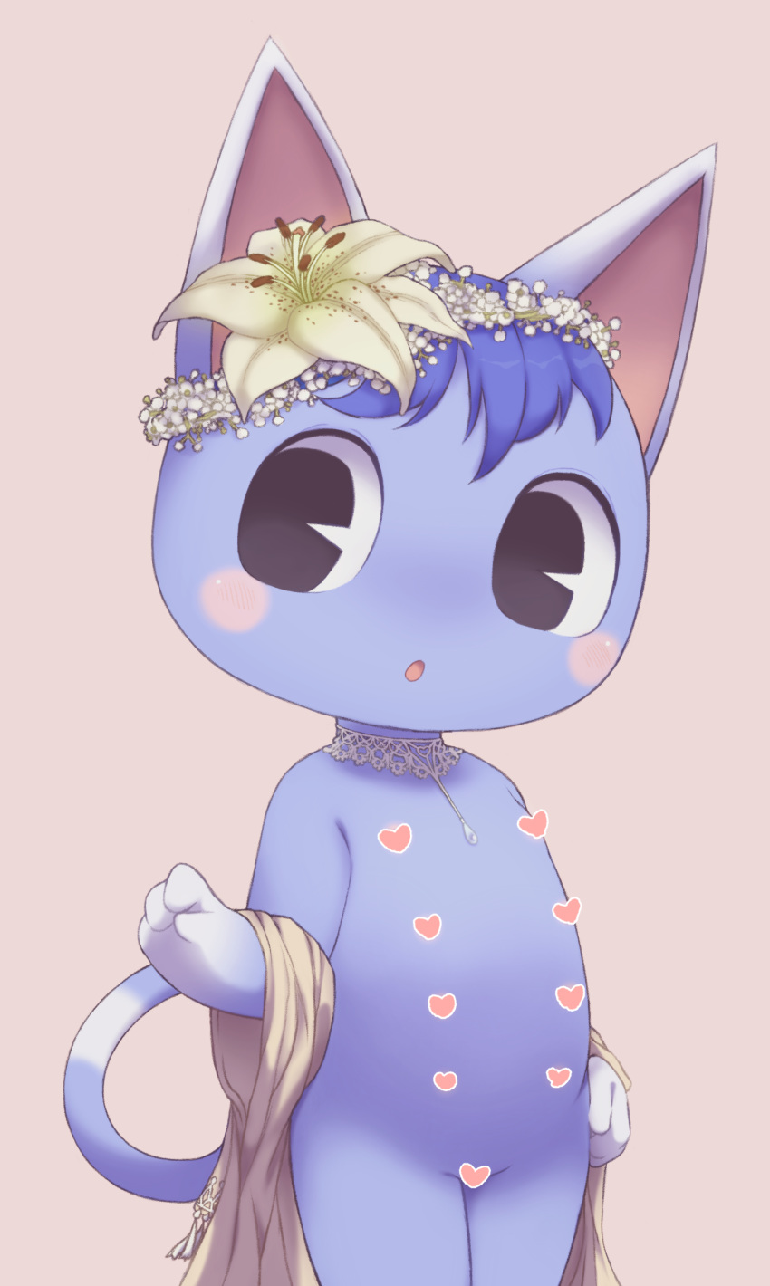 &lt;3 &lt;3_censor 2020 absurd_res accessory animal_crossing anthro black_eyes blue_body blue_fur blue_hair censored dipstick_ears dipstick_tail domestic_cat felid feline felis female flower flower_crown flower_in_hair fur gloves_(marking) hair hair_accessory half-length_portrait hi_res holding_object jewelry mammal markings multi_nipple multicolored_ears multicolored_tail necklace nintendo nipple_censor nipples nude plant portrait robo_(pixiv) rosie_(animal_crossing) rosy_cheeks simple_background solo tan_background towel video_games