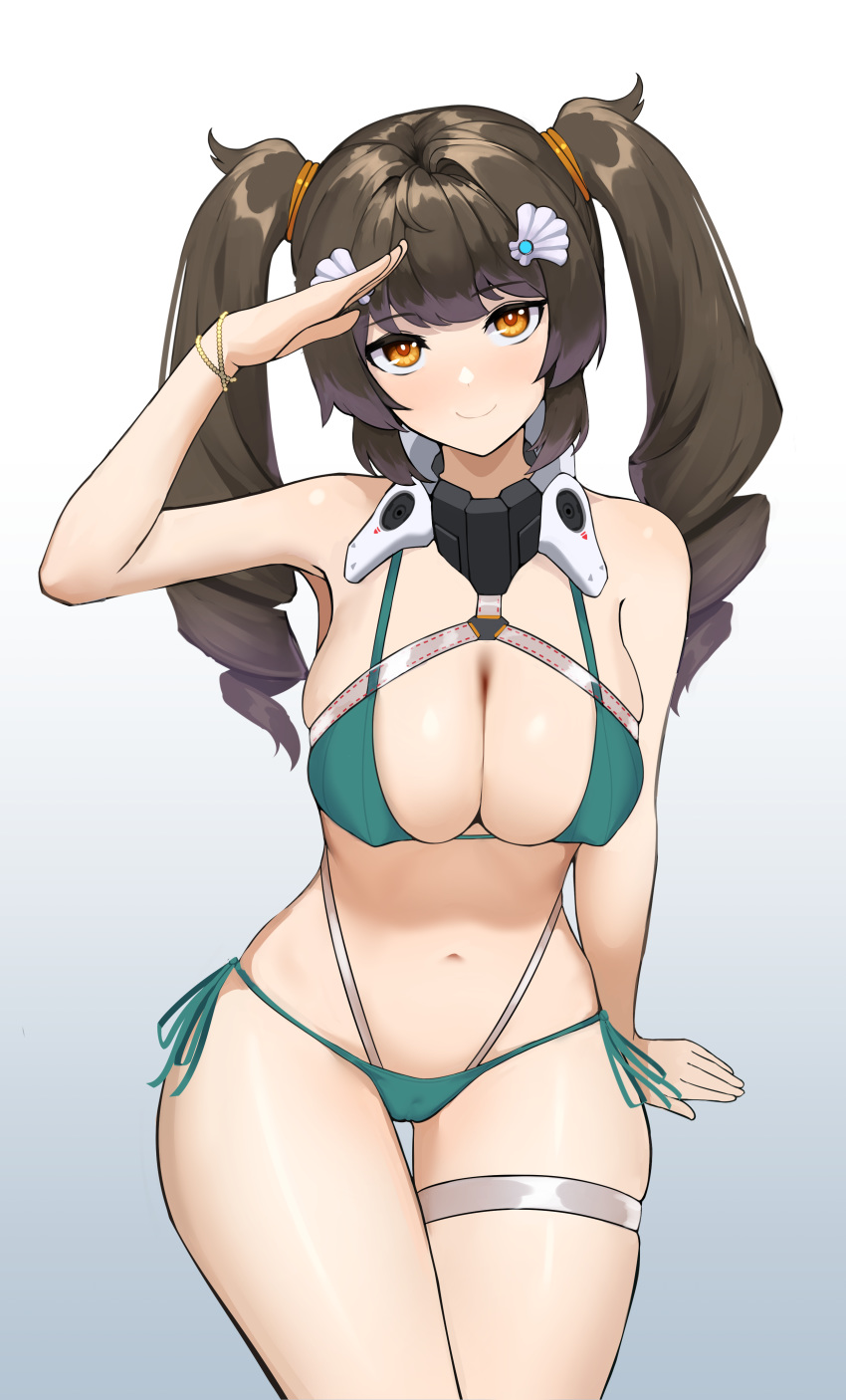 1girl absurdres arm_up armpits bangs bare_arms bare_shoulders bikini blush breasts brown_hair character_request cleavage closed_mouth cowboy_shot ett01024 eyebrows_visible_through_hair green_bikini green_ribbon highres large_breasts last_origin looking_at_viewer orange_eyes ribbon salute seashell_hair_ornament side-tie_bikini sidelocks skindentation smile solo swimsuit thigh_gap thigh_strap twintails wristband