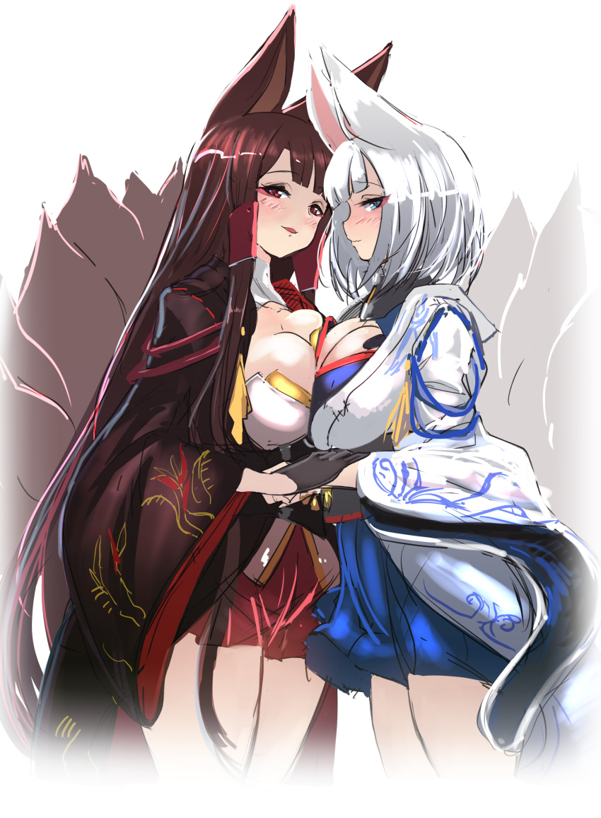 2girls absurdres akagi_(azur_lane) animal_ears azur_lane bangs blue_eyes blunt_bangs blush breast_press breasts brown_hair cleavage commentary_request eyebrows_visible_through_hair fox_ears fox_tail gloves hey_taishou highres japanese_clothes kaga_(azur_lane) kimono large_breasts long_hair looking_at_viewer multiple_girls multiple_tails open_mouth red_eyes short_hair smile symmetrical_docking tail white_hair wide_sleeves