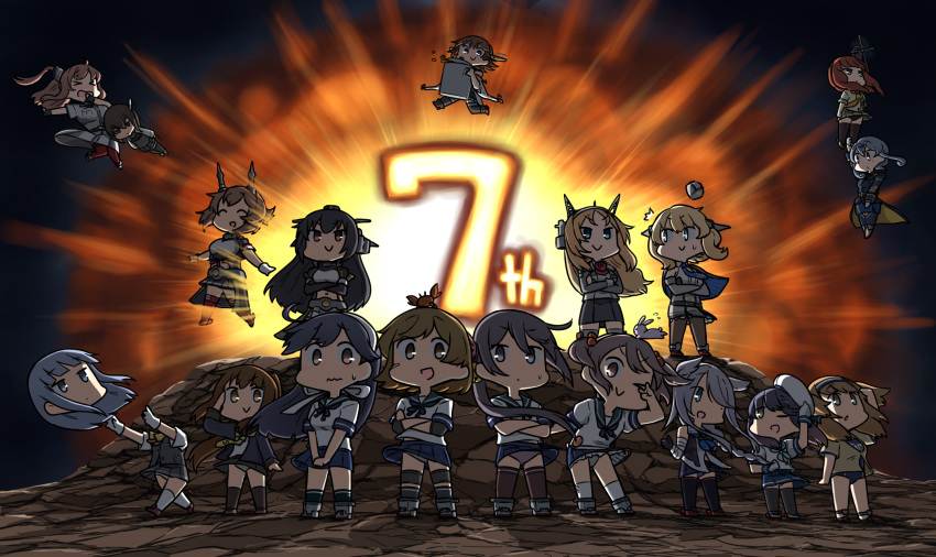 &gt;_&lt; 6+girls akebono_(kantai_collection) anniversary bandaid bandaid_on_face bangs black_hair black_legwear blonde_hair blue_hair blush brown_hair bunny capelet chibi closed_eyes closed_mouth colorado_(kantai_collection) crab crab_on_head crossed_arms de_ruyter_(kantai_collection) disembodied_head elbow_gloves fumizuki_(kantai_collection) garrison_cap gloves gotland_(kantai_collection) hair_bobbles hair_flaps hair_ornament hamu_koutarou hat hatsukaze_(kantai_collection) headgear headless hiei_(kantai_collection) highres i-26_(kantai_collection) kantai_collection kneehighs light_brown_hair long_hair multiple_girls mutsu_(kantai_collection) nagato_(kantai_collection) nelson_(kantai_collection) oboro_(kantai_collection) one_eye_closed open_mouth panties pleated_skirt ponytail purple_hair red_hair remodel_(kantai_collection) sailor_collar sailor_hat salute saratoga_(kantai_collection) sazanami_(kantai_collection) school_uniform serafuku shirt short_hair side_ponytail sidelocks silver_hair skirt smile socks standing sweat swimsuit swimsuit_under_clothes taihou_(kantai_collection) thighhighs tsushima_(kantai_collection) twintails umikaze_(kantai_collection) underwear ushio_(kantai_collection) v v_over_eye vest wavy_mouth white_headwear white_legwear