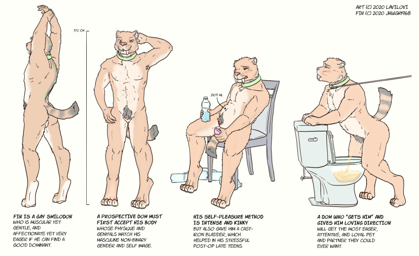 2020 anal anal_penetration anthro bodily_fluids bottle collar dildo dildo_in_ass english_text eunuch fangs felid fur genital_fluids hi_res lavilovi leash machairodontine male mammal masturbation model_sheet multicolored_body multicolored_fur nude nullo peeing penetration pink_nose pubic sabertooth_(anatomy) sex_toy signature simple_background smilodon solo submissive submissive_male tan_body tan_fur text toilet toilet_use urethra urine watersports white_background white_body white_fur