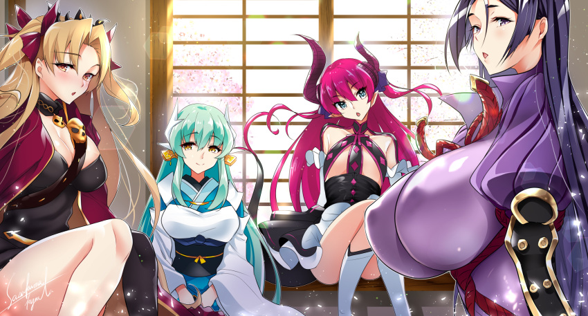 4girls aqua_hair aqua_kimono armor asymmetrical_horns asymmetrical_legwear bangs bare_shoulders between_breasts black_dress black_gloves black_legwear black_leotard blonde_hair blue_eyes blush bodysuit breasts cape cleavage closed_mouth detached_collar dragon_girl dragon_horns dragon_tail dress earrings elizabeth_bathory_(fate) elizabeth_bathory_(fate)_(all) ereshkigal_(fate/grand_order) fate/extra fate/extra_ccc fate/grand_order fate_(series) gloves gold_trim highres hoop_earrings horns huge_breasts infinity japanese_armor japanese_clothes jewelry kimono kiyohime_(fate/grand_order) kote large_breasts leotard long_hair looking_at_viewer minamoto_no_raikou_(fate/grand_order) multicolored multicolored_cape multicolored_clothes multiple_girls multiple_horns necklace obi open_mouth orange_eyes parted_bangs pink_hair pointy_ears purple_bodysuit purple_eyes purple_hair red_cape ribbed_sleeves rope sasakuma_kyouta sash shouji single_thighhigh sitting skull sliding_doors small_breasts smile solo spine tail thighhighs thighs tiara two_side_up very_long_hair wide_sleeves yellow_cape yellow_eyes