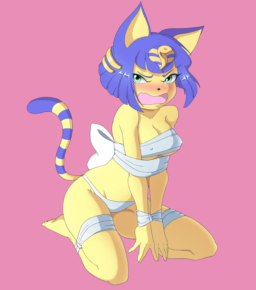 absurd_res animal_crossing ankha_(animal_crossing) anthro bdsm blush bondage bound boundlightning bow clothing domestic_cat felid feline felis female frogtied hi_res legs_tied looking_at_viewer mammal nintendo nipple_outline open_mouth panties simple_background solo underwear video_games