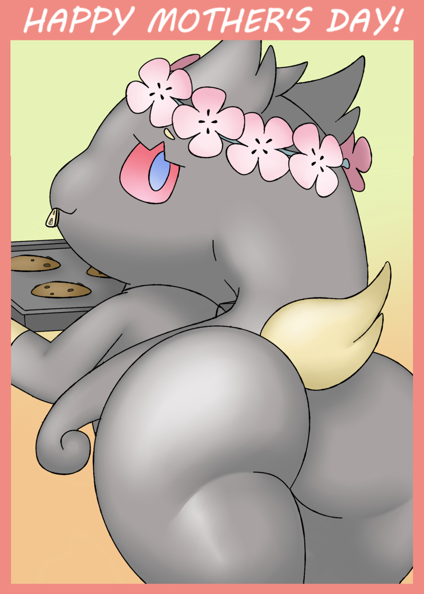 anthro banette butt butt_focus cookie digital_media_(artwork) english_text female flower flower_crown food ghost gradient_background hi_res holidays looking_at_viewer looking_back mia_perella mother's_day nintendo oven_tray plant pok&eacute;mon pok&eacute;mon_(species) pok&eacute;mon_mystery_dungeon reallydarkandwindie rear_view simple_background solo spirit text video_games wanderlust zipper