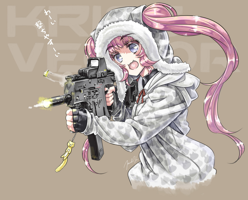 1girl casing_ejection cheek_squash coat colored_eyelashes commentary_request firing fur-trimmed_coat fur_trim gun head_tilt highres hood hood_up hooded_coat keychain kriss_vector laughing long_hair matsumoto_tomoki muzzle_flash neeko_(matsumoto_tomoki) open_mouth original pink_eyes shell_casing signature simple_background solo submachine_gun tan_background translated twintails very_long_hair weapon