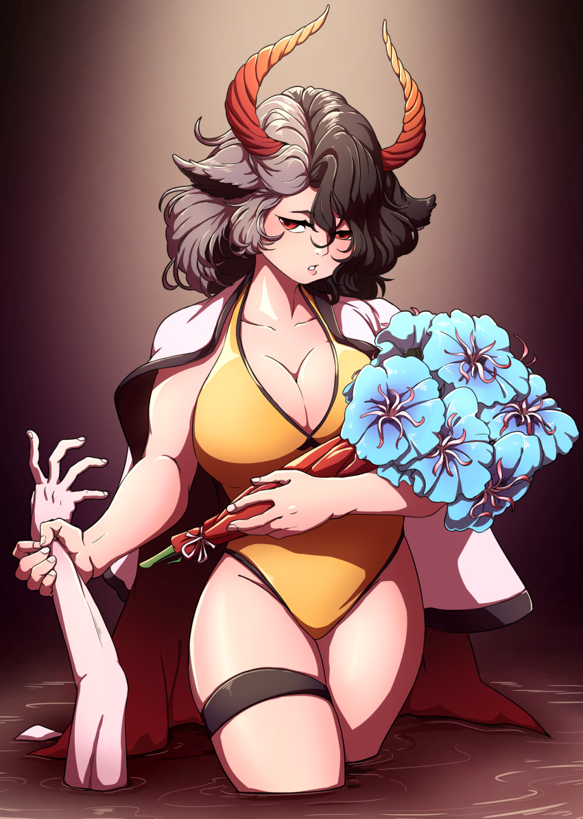 1girl absurdres animal_ears blue_flower bouquet breasts cleavage collarbone cow_ears flower highres horns large_breasts mefomefo multicolored_hair one-piece_swimsuit partially_submerged red_eyes spanish_commentary swimsuit thigh_strap touhou two-tone_hair ushizaki_urumi wading wrist_grab yellow_swimsuit