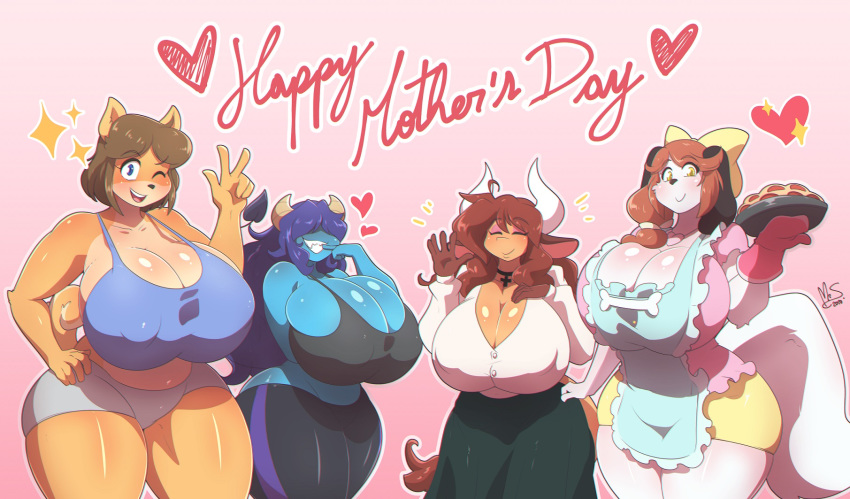 2020 accessory anthro apron big_breasts blue_eyes blue_hair bottomwear bovid bovine breasts brown_hair canid canine canis cattle cleavage clothed clothing demon demon_humanoid diana_linda digital_media_(artwork) domestic_dog english_text eyes_closed female food gesture gradient_background group hair hair_accessory hair_bow hair_over_eyes hair_ribbon hi_res holding_food holding_object holly_applebee horn horned_humanoid huge_breasts humanoid june_(jinu) mammal mature_female mrsakai nipple_outline one_eye_closed pants pie ribbons shiba_inu shirt shorts simple_background skirt smile spitz sue_(peculiart) tank_top text topwear v_sign waving wink yellow_eyes