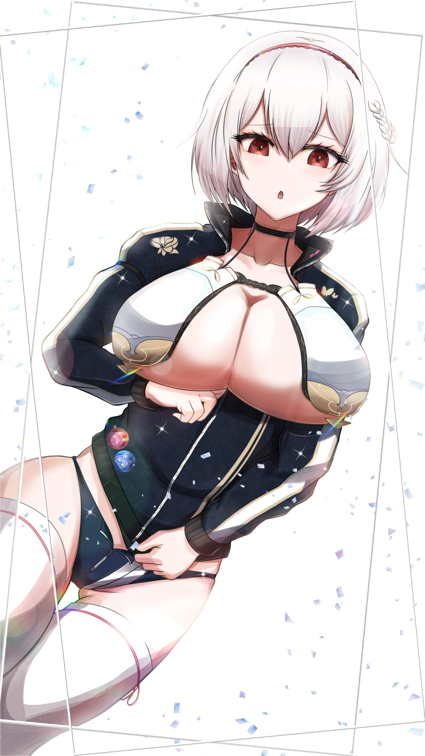 1girl :o arm_under_breasts ass_visible_through_thighs azur_lane badge bangs black_choker blue_buruma blue_jacket braid breast_curtains breasts buruma button_badge choker cleavage collarbone commentary_request cowboy_shot diffraction_spikes dutch_angle eyebrows_visible_through_hair french_braid frilled_choker frills hair_between_eyes hairband highres inconvenient_breasts jacket lace-trimmed_hairband large_breasts lens_flare long_sleeves looking_at_viewer red_eyes red_hairband ribbon-trimmed_legwear ribbon_trim ru-ne short_hair sidelocks simple_background sirius_(azur_lane) skindentation solo standing thighhighs track_jacket white_background white_hair white_legwear zipping