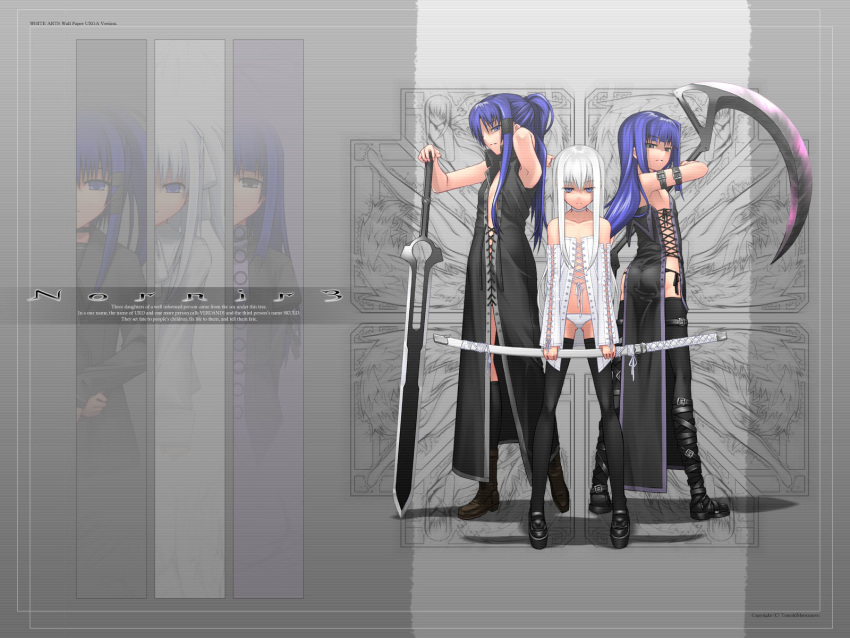 3girls arm_belt armpits artist_name black_coat black_dress black_legwear black_panties blue_eyes blue_hair boots broadsword camisole choker coat cross-laced_clothes detached_sleeves dress english_text engrish_text flat_chest full_body grey_background hair_intakes hair_tubes hand_on_hilt hand_up highres katana kneehighs long_hair looking_at_viewer matsumoto_tomoki multiple_girls norn_(mythology) original panties planted_sword planted_weapon ponytail ranguage robe scythe sheath sheathed shorts siblings side-tie_panties sidelocks sisters sword thighhighs tsurime underwear very_long_hair wallpaper weapon white_hair white_panties