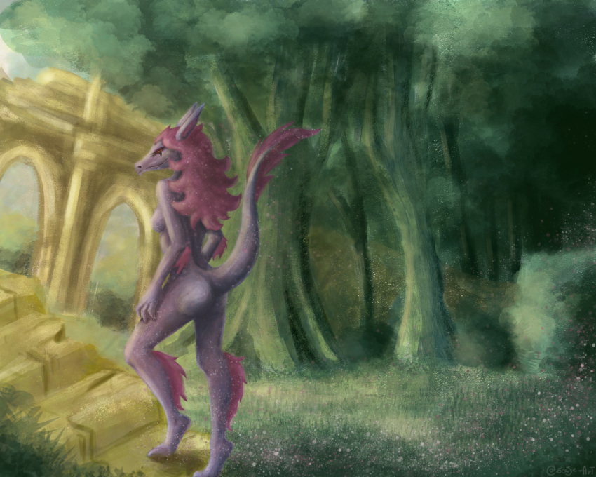 5:4 anthro beast_(disambiguation) biped breasts butt digital_media_(artwork) dragon female forest hair hi_res leg_tuft magic mature_(disambiguation) non-mammal_breasts nude outside pink_body pink_hair red_eyes scalie side_boob side_view slim smile solo sparks stairs tail_tuft tree tuft