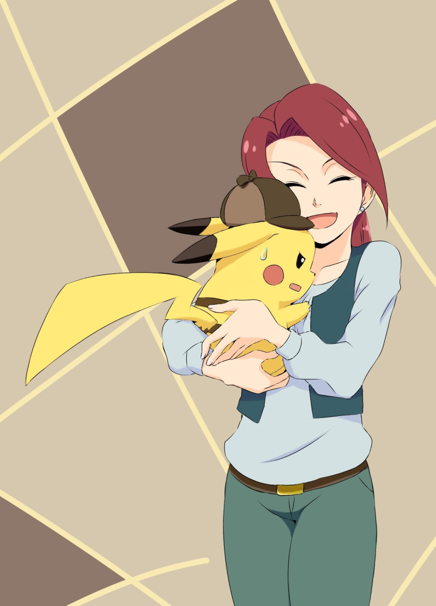 1girl ^_^ asymmetrical_bangs ayo_(ayosanri009) bangs belt brown_background brown_belt brown_hair closed_eyes commentary_request deerstalker detective_pikachu detective_pikachu_(character) detective_pikachu_(game) emilia_christie facing_viewer gen_1_pokemon happy hat hatted_pokemon highres long_hair pikachu pokemon pokemon_(game) standing