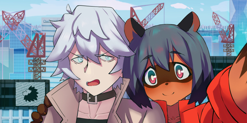 2020 2:1 anthro black_hair blue_eyes blue_hair blush brand_new_animal brown_body brown_fur canid canine city clothed clothing collar day female fur hair hand_on_shoulder hi_res human jacket male mammal michiru_kagemori multicolored_eyes multicolored_hair open_mouth outside pink_eyes qdlin raccoon_dog selfie shirou_ogami smile studio_trigger tanuki topwear translucent translucent_hair