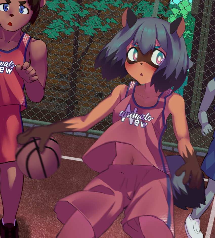 5_fingers anthro basketball_uniform black_body black_fur black_hair blue_body blue_eyes blue_hair bottomwear brand_new_animal brown_body brown_fur canid canine clothed clothing female fingers fluffy fluffy_tail footwear fur group hair hi_res male mammal michiru_kagemori multicolored_body multicolored_eyes multicolored_fur multicolored_hair navel open_mouth outside pink_eyes qdlin raccoon_dog shoes short_hair shorts sportswear studio_trigger tanuki tree uniform