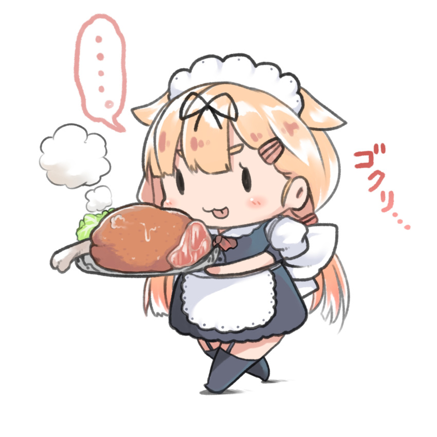 ... 1girl absurdres alternate_costume black_dress black_legwear black_ribbon blonde_hair boned_meat chibi commentary_request dress dyson_(edaokunnsaikouya) enmaided food full_body garter_straps hair_flaps hair_ribbon highres kantai_collection long_hair maid meat remodel_(kantai_collection) ribbon simple_background solo spoken_ellipsis tongue tongue_out translation_request tray white_background yuudachi_(kantai_collection)