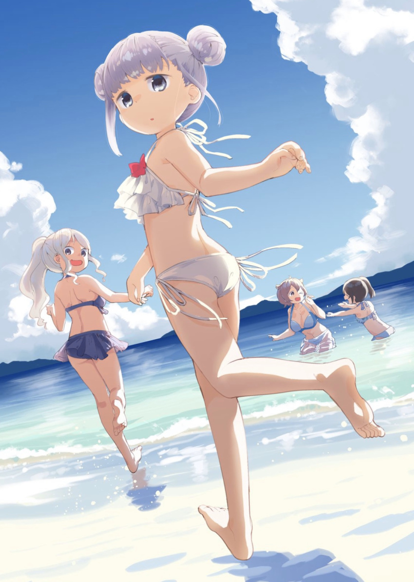 4girls aharen-san_wa_hakarenai aharen_reina ass barefoot beach bikini black_hair blue_bikini blue_eyes breasts brown_hair character_request cleavage closed_eyes cloud commentary_request day double_bun fang frilled_bikini frills halterneck highres large_breasts long_hair looking_at_viewer looking_back matsuboshi_raidou mizu_asato multiple_girls one_eye_closed open_mouth outdoors ponytail running short_hair side-tie_bikini side_ponytail sidelocks silver_hair skin_fang small_breasts soles splashing standing swimsuit wading white_bikini