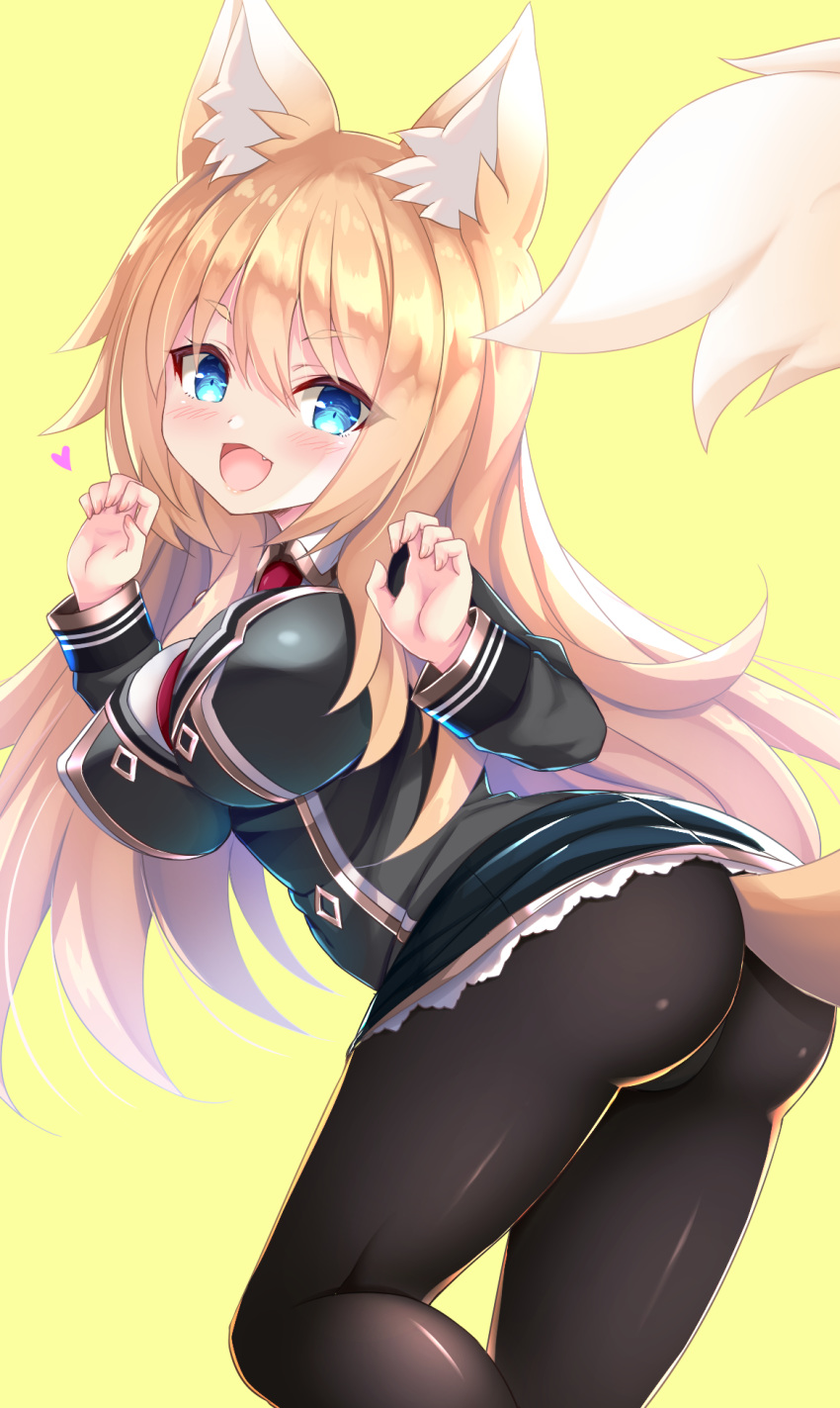 1girl animal_ear_fluff animal_ears ass bangs black_jacket black_legwear black_skirt blonde_hair blue_eyes blue_oath blush breasts claw_pose commentary eyebrows_visible_through_hair fang fox_ears fox_girl fox_tail hair_between_eyes heart highres impossible_clothes jacket large_breasts le_fantasque_(blue_oath) leg_up long_hair long_sleeves looking_at_viewer looking_back necktie open_mouth pantyhose red_neckwear simple_background skirt solo tail yellow_background yukizuki_chikuba