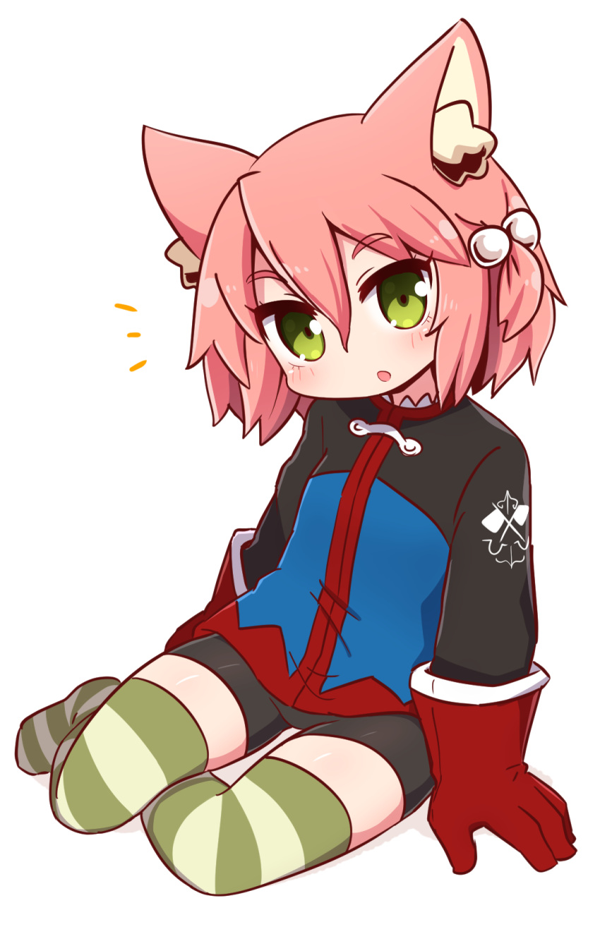 1girl 7th_dragon 7th_dragon_(series) :o animal_ears arm_support bangs bike_shorts black_shorts blue_jacket blush cat_ears commentary_request eyebrows_visible_through_hair full_body gloves green_eyes hair_between_eyes hair_bobbles hair_ornament harukara_(7th_dragon) highres jacket long_sleeves looking_at_viewer naga_u no_shoes one_side_up parted_lips pink_hair red_gloves short_shorts shorts simple_background sitting solo striped striped_legwear thighhighs white_background yokozuwari