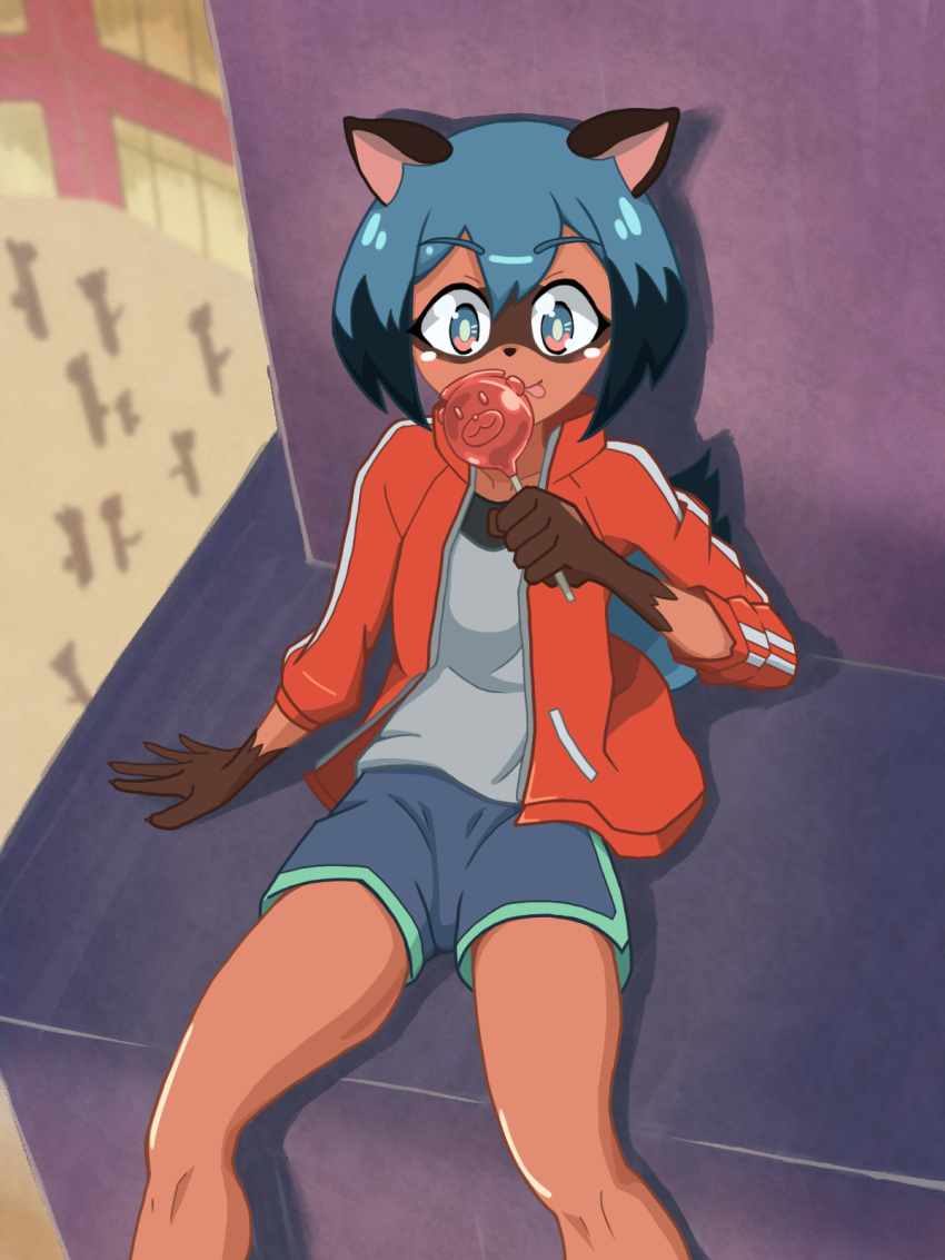 2020 3:4 anthro black_hair black_nose blue_body blue_eyes blue_hair brand_new_animal brown_body brown_fur canid canine clothed clothing female fluffy fluffy_tail food fur group hair hi_res holding_object jacket licking mammal mashel_linclet michiru_kagemori multicolored_eyes multicolored_hair pink_eyes raccoon_dog sitting solo_focus studio_trigger tanuki tongue tongue_out topwear