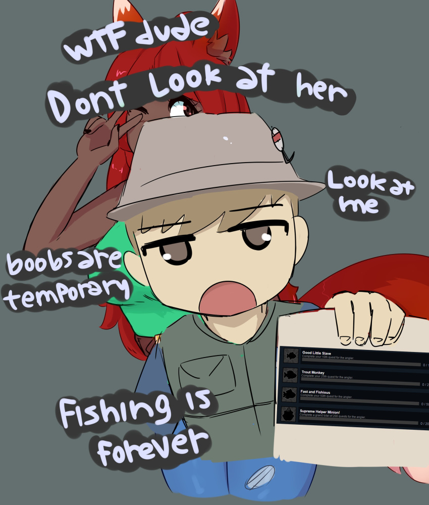 2_fingers absurd_res angler_(terraria) anthro bottomwear brown_eyes brown_hair canid canine clothing duo english_text female fingers fishing_hat fox grey_background hair hat headgear headwear hi_res human human_focus jeans mammal not_furry_focus pants peps simple_background terraria text torn_clothing zoologist_(terraria)