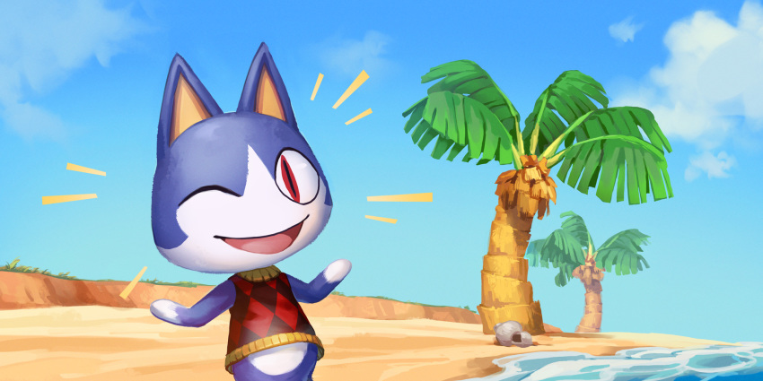 2020 2:1 animal_crossing anthro beach clothing cloud day felid feline grass hi_res male mammal nikogeyer nintendo one_eye_closed open_mouth open_smile palm_tree red_eyes rock rover_(animal_crossing) sand seaside smile solo tongue tree video_games water wink