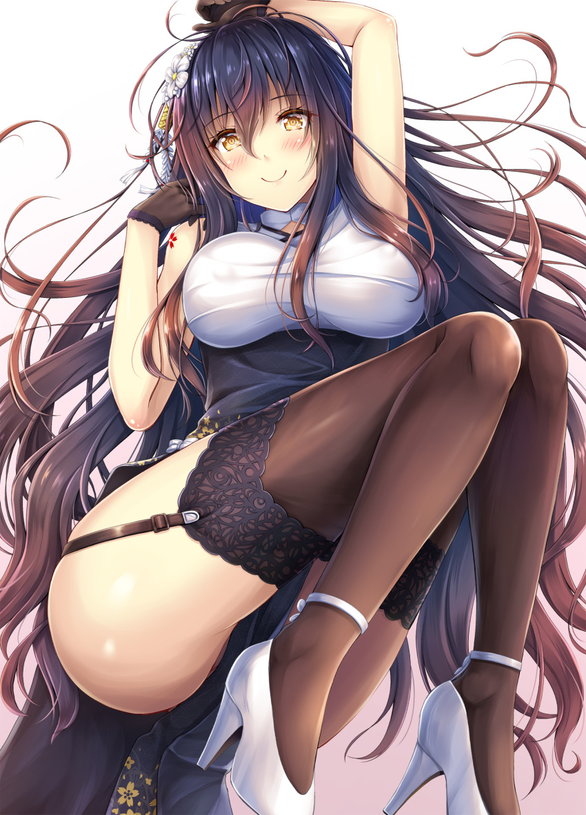 1girl akashio_(loli_ace) arm_up armpits ass azuma_(azur_lane) azuma_(soft_voice_of_spring)_(azur_lane) azur_lane bare_shoulders black_dress black_gloves black_hair breasts brown_legwear china_dress chinese_clothes dress floating_hair floral_print flower garter_straps gloves hair_flower hair_ornament hand_up high-waist_skirt high_heels highres knees_up large_breasts long_hair looking_at_viewer pelvic_curtain shoulder_tattoo simple_background skirt sleeveless sleeveless_dress smile solo tattoo thighhighs very_long_hair white_background white_footwear yellow_eyes