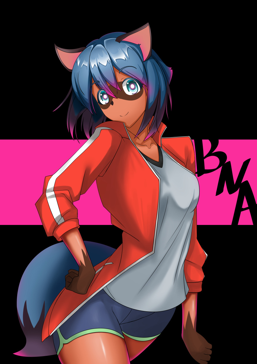 absurd_res black_nose blue_body blue_eyes blue_hair brand_new_animal breasts brown_body brown_fur canid canine clothed clothing female fluffy fluffy_tail fur glistening glistening_hair hair hand_on_hip hi_res jacket looking_at_viewer mammal michiru_kagemori multicolored_body multicolored_fur multicolored_hair nashi open_jacket portrait raccoon_dog smile solo studio_trigger tanuki three-quarter_portrait topwear