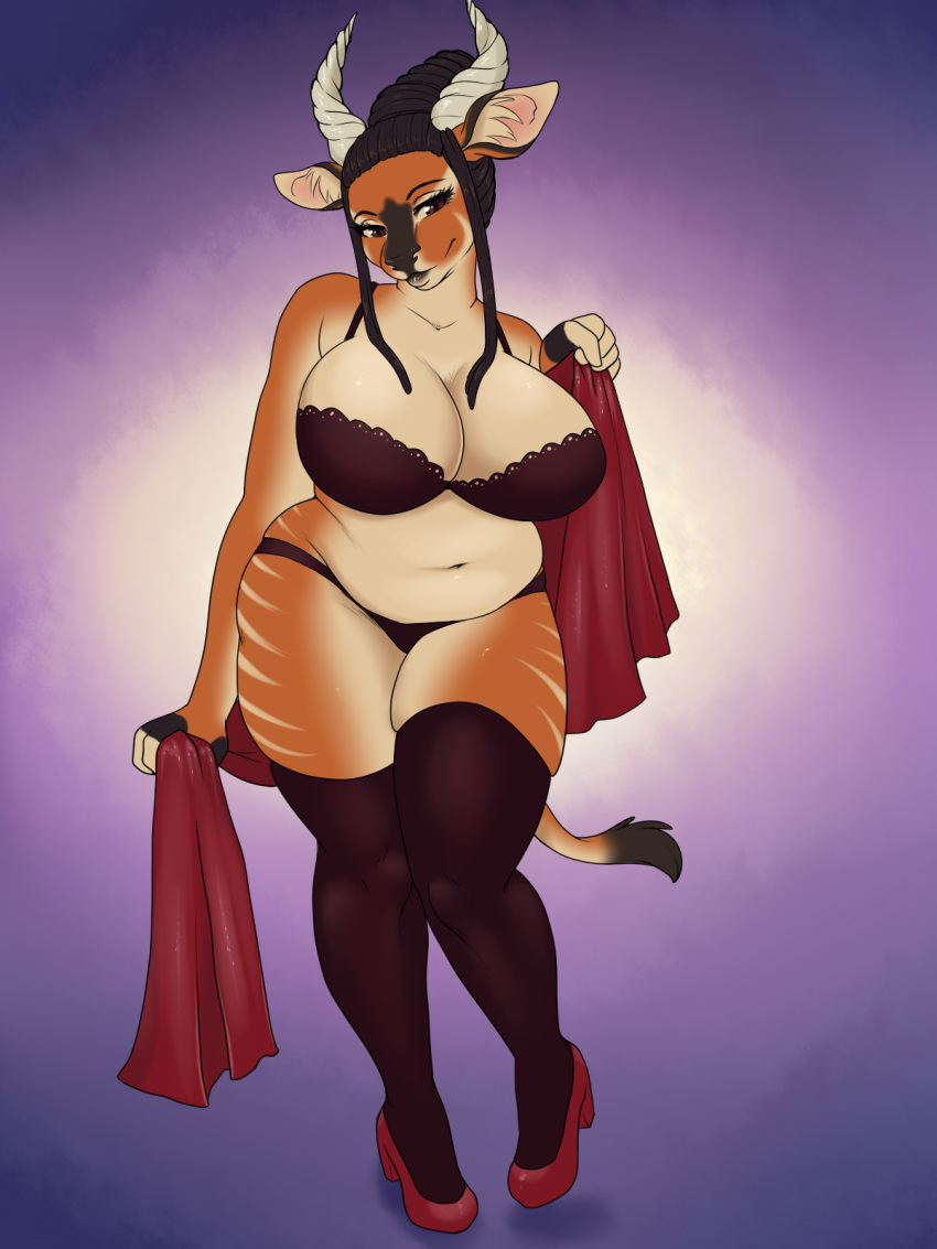 3:4 ajna antelope anthro big_breasts black_nose bovid bra breasts cleavage clothed clothing confident curvaceous curvy_figure female footwear hi_res high_heels horn legwear lingerie mammal navel panties pinup pose shoes slightly_chubby socks solo stockings teasing thigh_highs underwear voluptuous