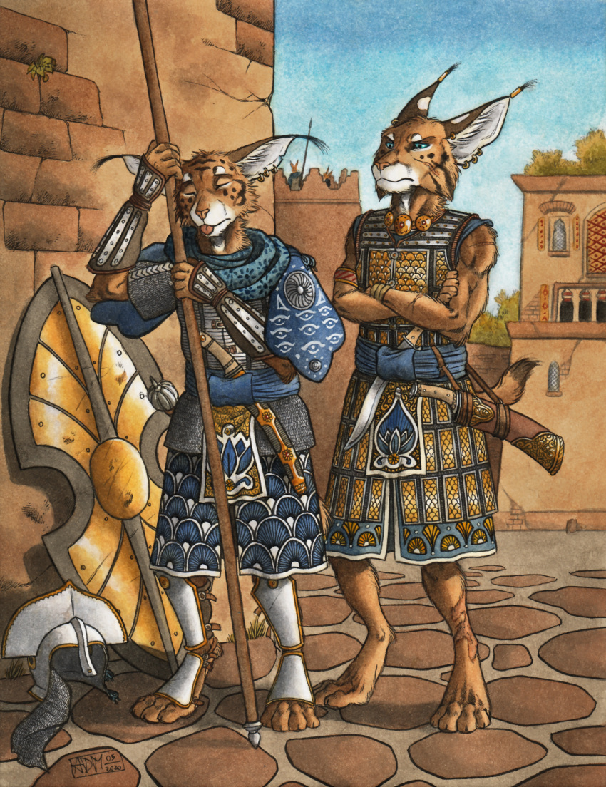 0laffson 2020 4_toes 5_fingers anthro blue_eyes caracal caracal_(genus) clothed clothing day detailed_background digitigrade duo ear_piercing ear_ring felid feline fingers hi_res hybrid lynx male mammal outside piercing sky standing toes traditional_media_(artwork)