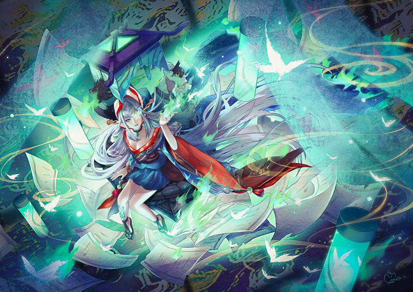 1girl aoandon black_choker blue_eyes blue_fire blue_skirt breasts bug butterfly choker cleavage fire flaming_eye grey_hair insect lantern long_hair looking_at_viewer magic maotiansensen onmyoji paper sitting skirt solo very_long_hair white_butterfly wide_sleeves