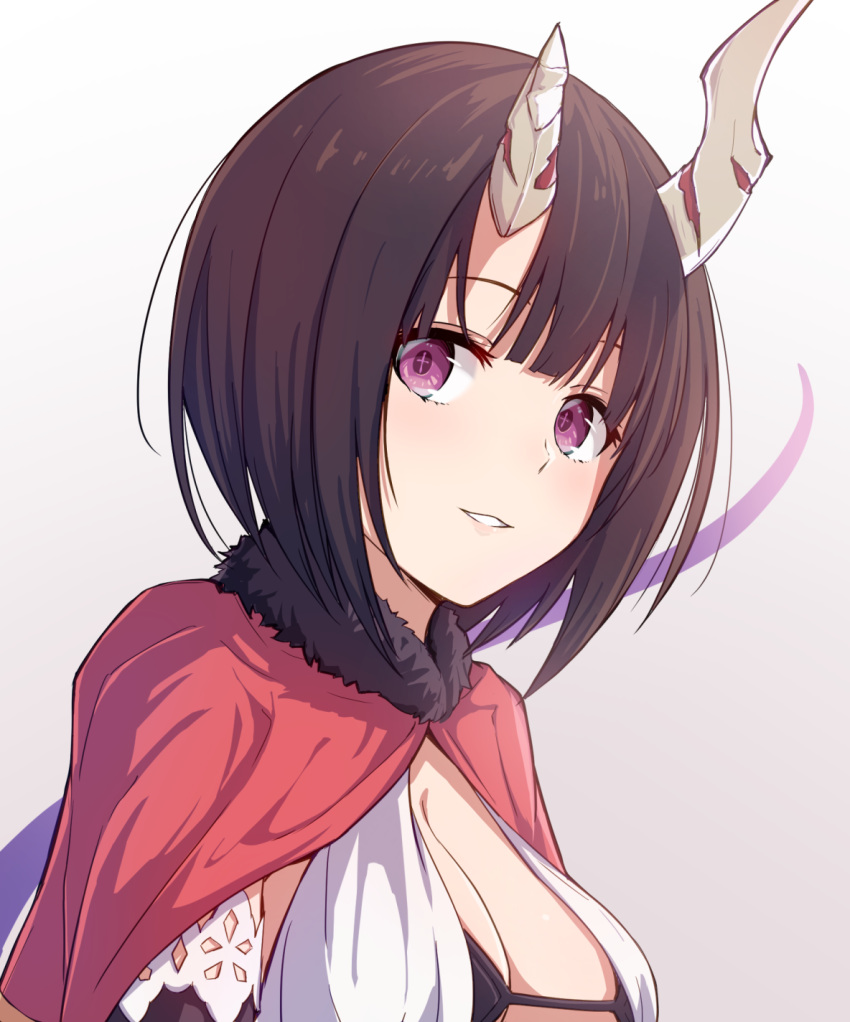 +_+ 1girl alisia0812 bangs blush breasts broken_horn brown_hair capelet cleavage eriko_(princess_connect!) fur_trim highres horns large_breasts looking_at_viewer parted_lips princess_connect! princess_connect!_re:dive purple_eyes red_capelet short_hair smile solo tail