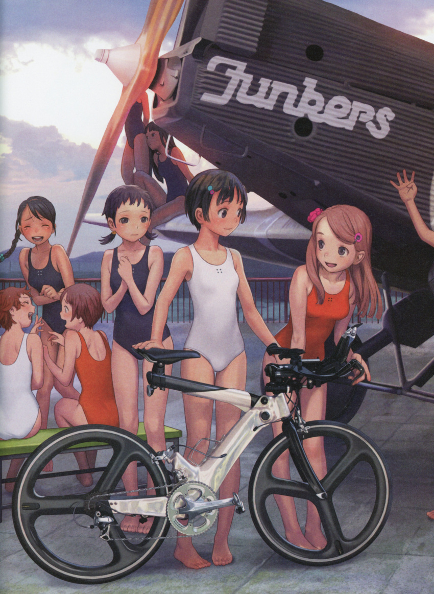 6+girls :d absurdres aircraft airplane bare_legs bare_shoulders barefoot bicycle biplane black_hair braid breasts brown_hair flower ground_vehicle hair_flower hair_ornament hairclip hands_on_own_chest highres laughing leaning_forward long_hair multiple_girls murata_renji one-piece_swimsuit open_mouth original red_swimsuit short_hair short_twintails sitting small_breasts smile swimsuit tears twintails white_swimsuit