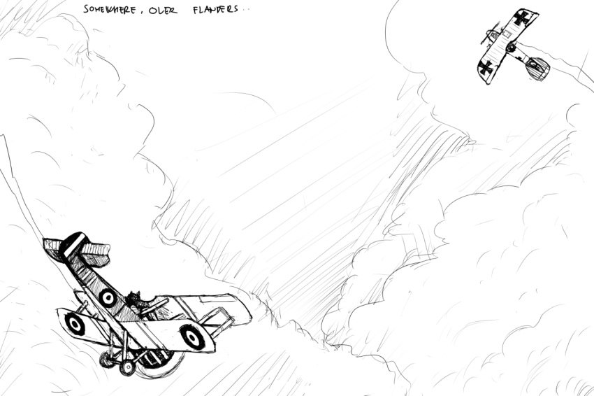 aircraft airplane ambiguous_gender biplane black_and_white cloud comic cross english_text flying hladilnik iron_cross monochrome outside simple_background sky text vehicle world_war_1