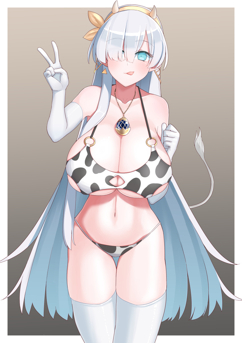 1girl absurdres akitokage01 anastasia_(fate/grand_order) animal_print bangs bikini blue_eyes blush breasts cleavage closed_mouth collarbone cow_horns cow_print cow_tail elbow_gloves eyebrows_visible_through_hair fate/grand_order fate_(series) gloves hair_over_one_eye hairband highres hip_bones horns huge_breasts jewelry long_hair looking_at_viewer necklace print_bikini silver_hair smile solo swimsuit tail thighhighs tongue tongue_out v very_long_hair white_gloves